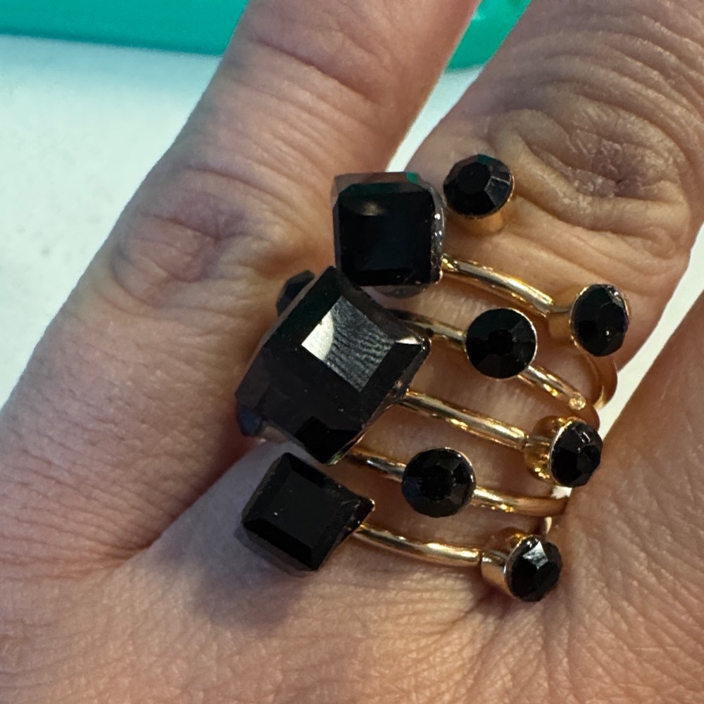 (5/1) Gold-Tone Ring Stack with Black Gem Accents - Picture 3 of 4